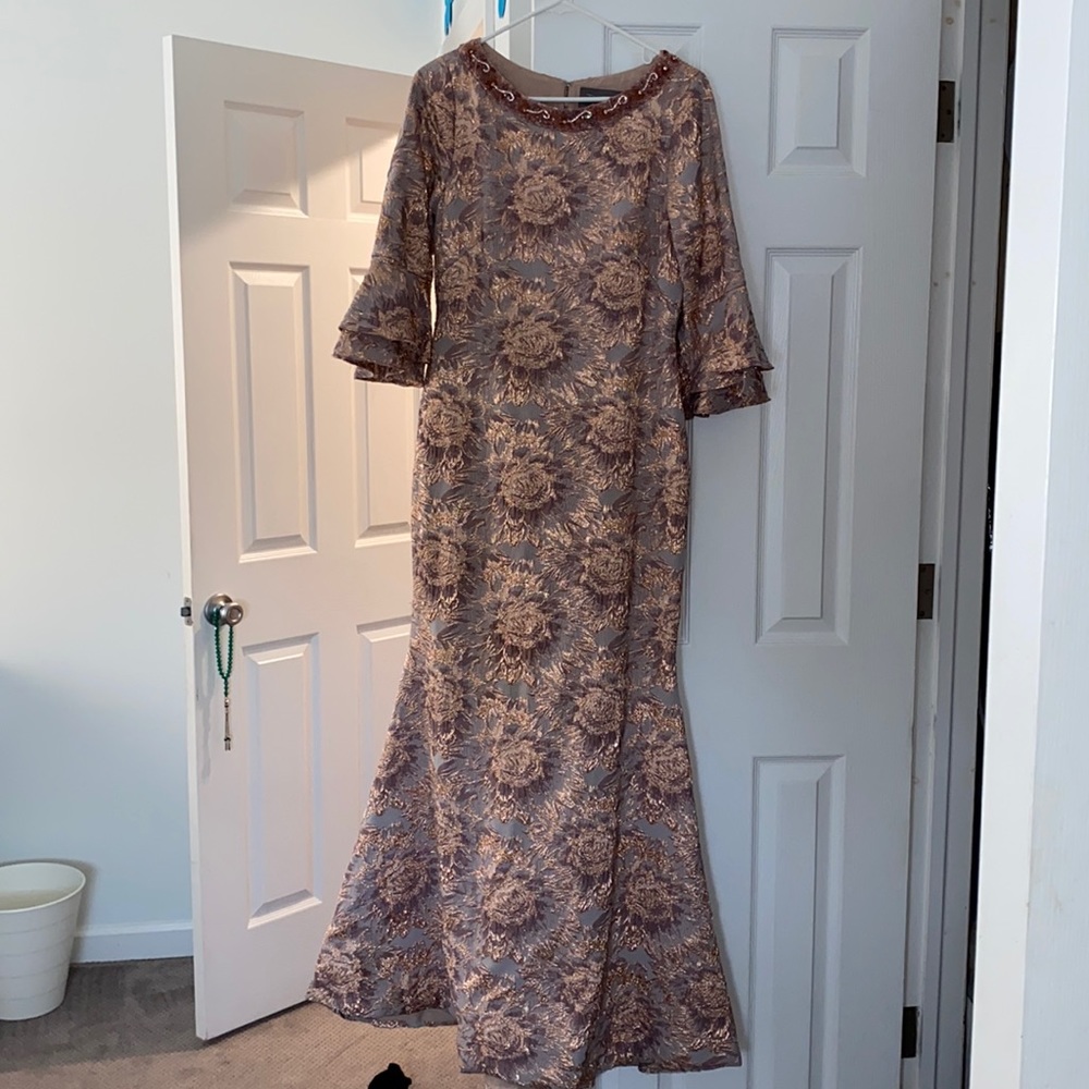 Pink and rose gold shimmery gown w/ beaded neck